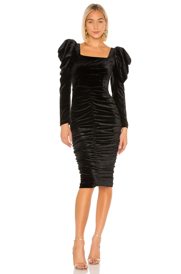  The velvet midi dress is £510 and can be purchased at Revolve