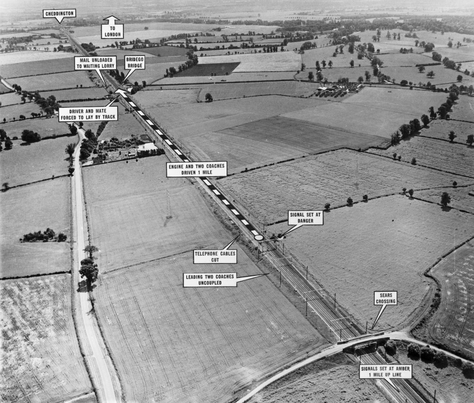  Aerial view and diagram of the scene of the 1963 Great Train Robbery