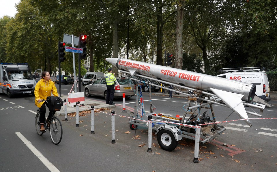  Copy of the Trident missile is parked in front of the Ministry of Defence