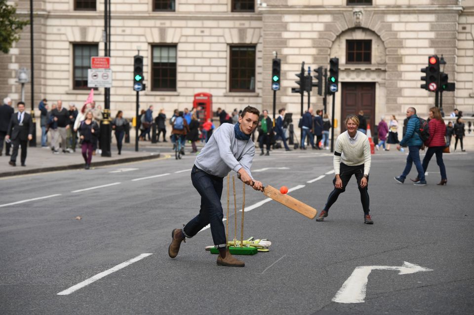  Demonstrators play a game of cricket in Westminster