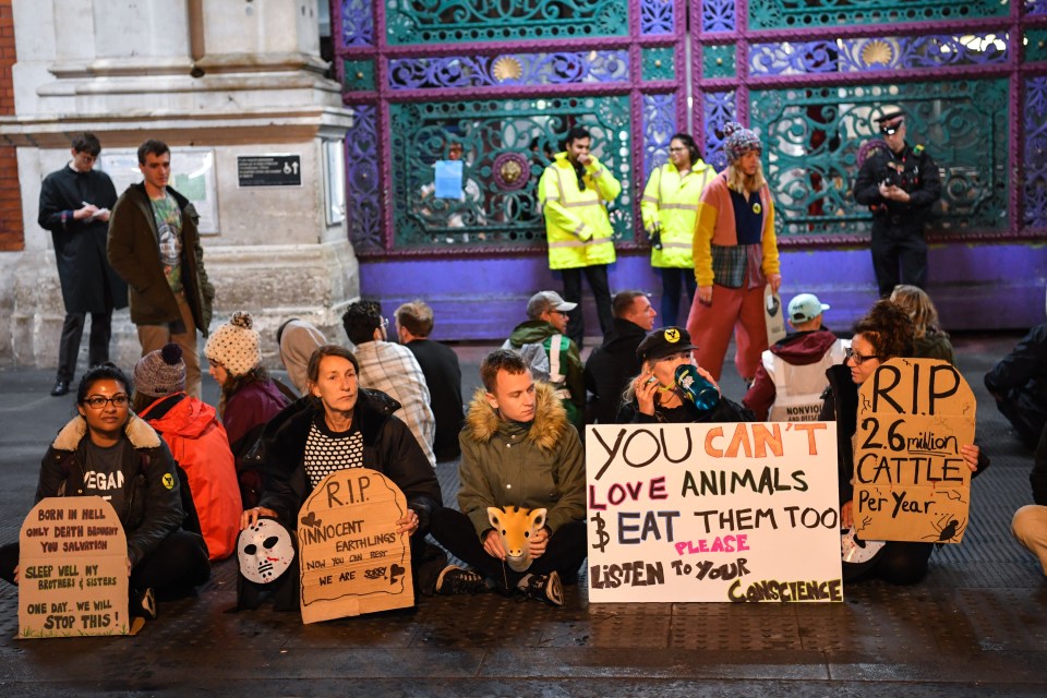  Vegan activists staged a sit-in protest at Smithfield Market in London