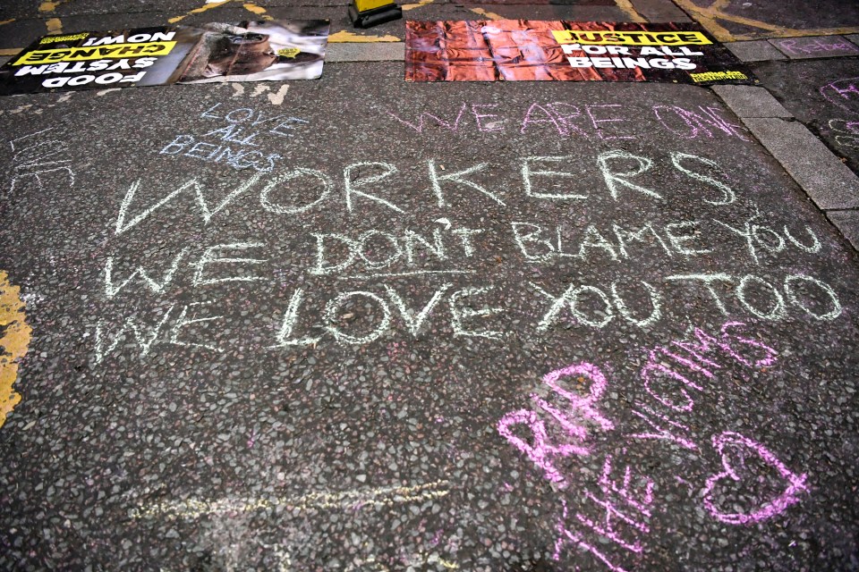  The protesters left signs for those working at Smithfield Market saying 'we love you too'