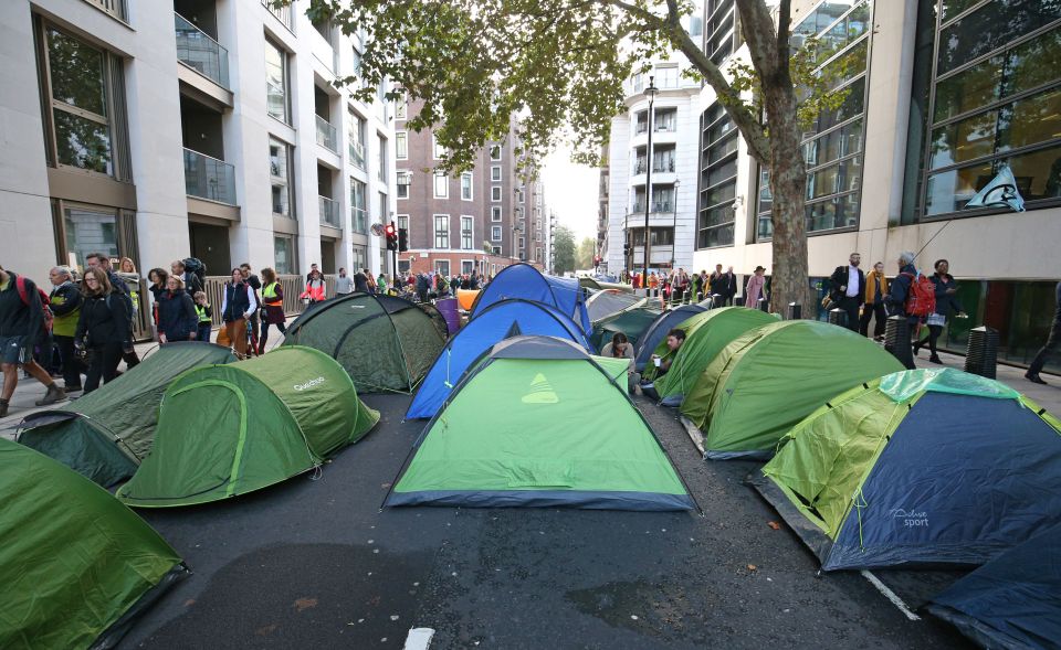  Extinction Rebellion protesters who have set up camp on Horseferry Road and Marsham Street in Westminster