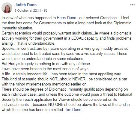  Grandmother Judith Dunn asked for the government to reassess diplomatic immunity