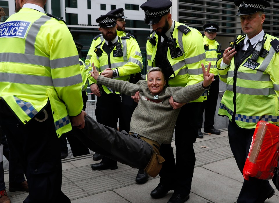  An activist grins as he was marched away by police officers outside the Home Office