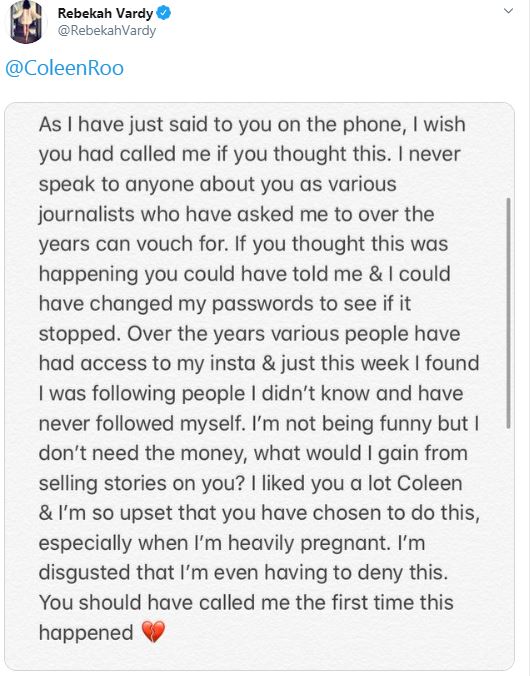  Rebekah was quick to issue a statement and slammed Coleen for not phoning her first