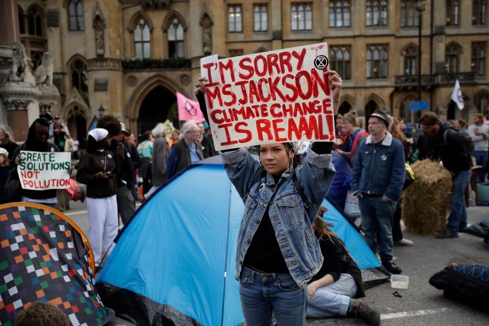  A climate change protester holds up a placard as they block Victoria Street, in London