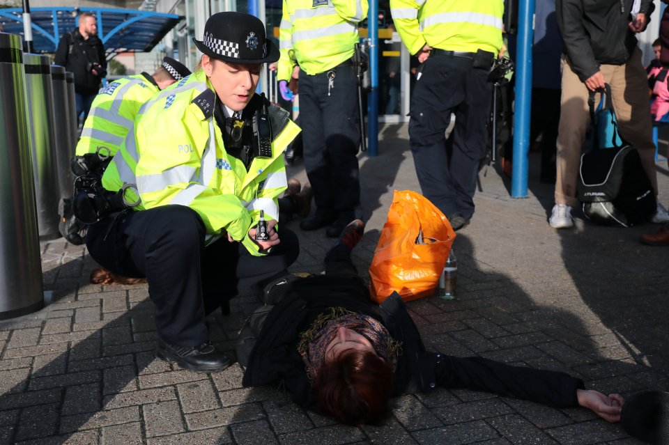  Police arrest Extinction Rebellion activists outside the East London airport yesterday