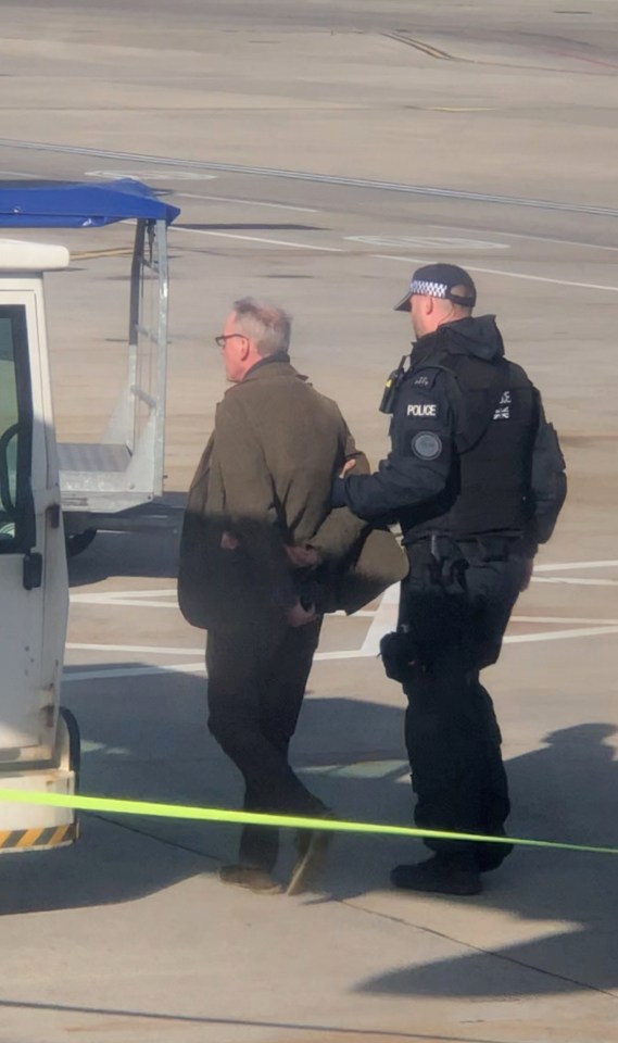  The activist is led away by cops from the plane