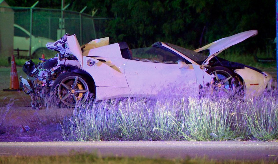  The boxing star's Ferrari was a mangled mess after he crashed it while travelling around 80mph at 3am last Thursday