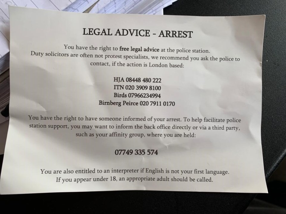  The leaflet given to XR activists advising them on what to do if they are arrested