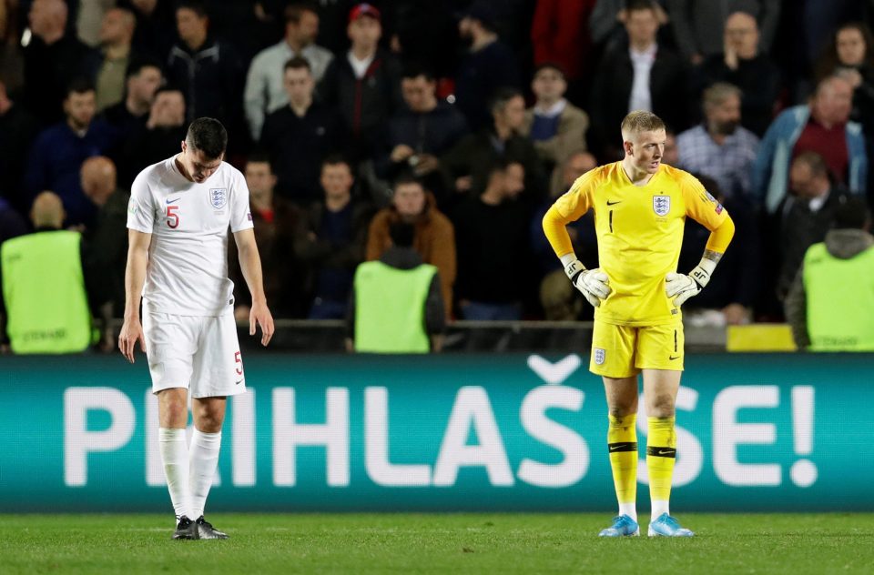  Michael Keane (left) also endured a tough night in Prague