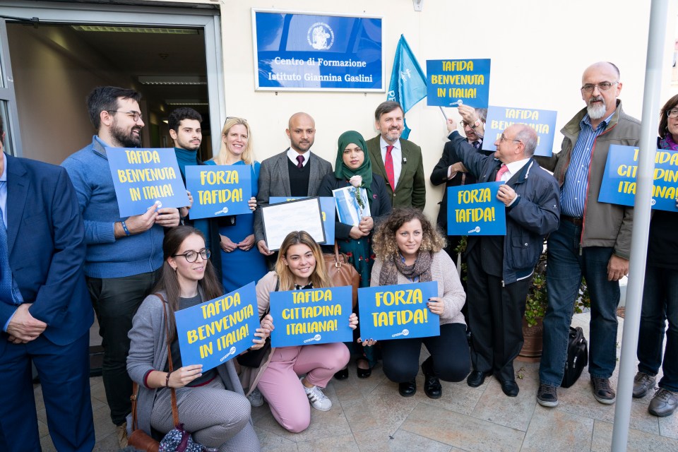  Shelina Begum and Mohammed Raqeeb pictured with supporters after their press conference at the Gaslini Hospital in Genoa, Italy