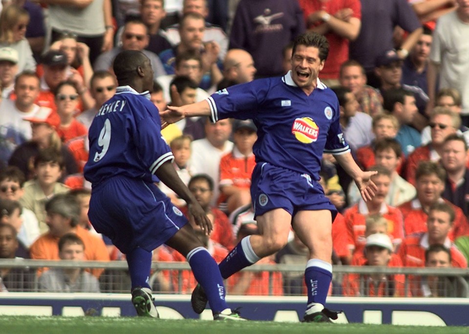  Heskey celebrates his one goal he scored against Manchester United which came in a 2-2 draw at Old Trafford in August 1998 when he was playing for Leicester