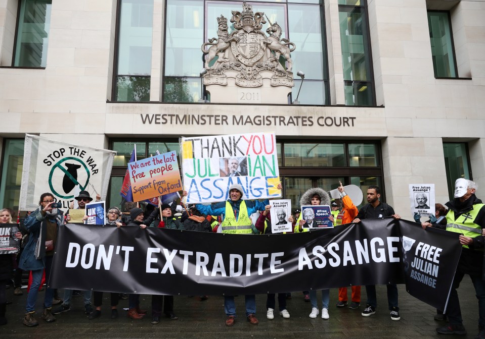  Supporters of the Wikileaks founder demonstrate outside Westminster Magistrates' Court