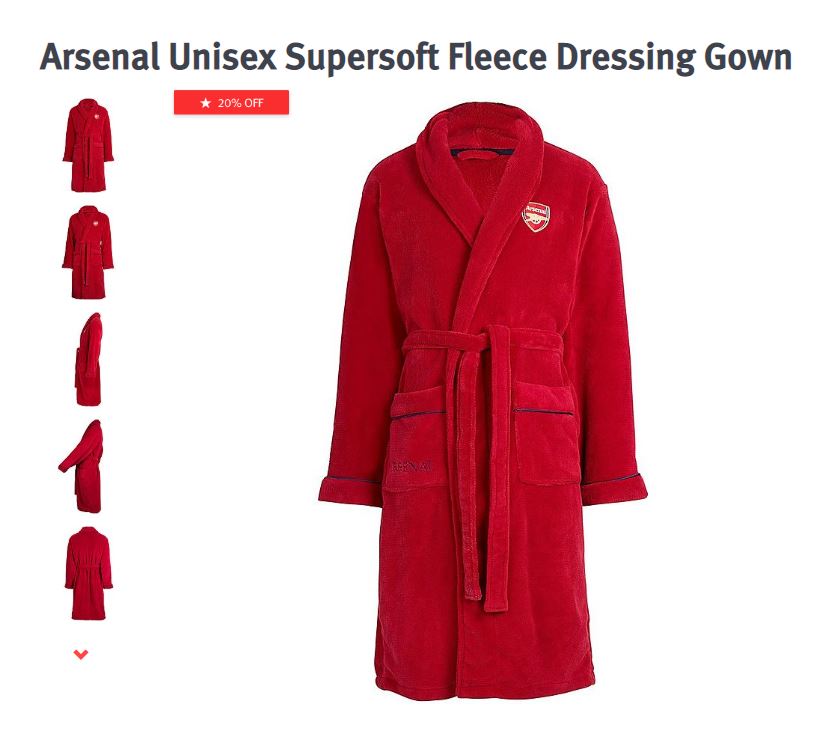  The Arsenal Unisex Supersoft Fleece Dressing Gown comes in three sizes and costs £40 on the official Gunners website