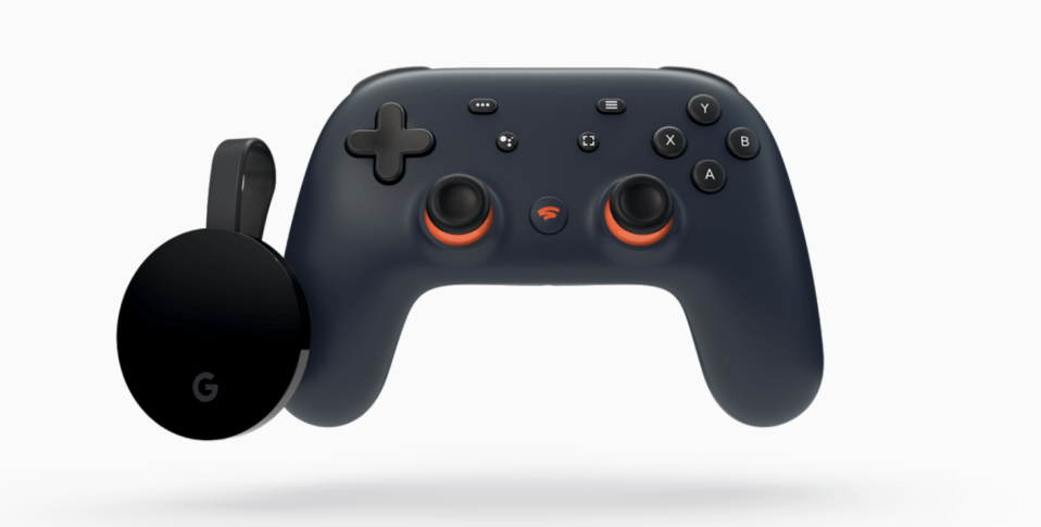  All you need to play it on your telly are a Google Chromecast Ultra (left) and Google Stadia controller