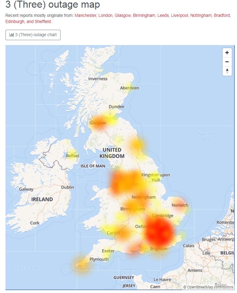  A map showed the areas across the UK hit by the Three mobile network problems