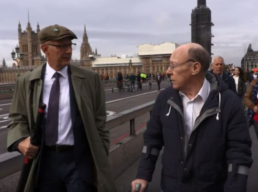  Tony and a protester exchanged words as he hobbled across Westminster Bridge