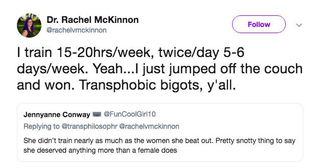  Jennifer had gone up against Rachel, who firmly believes that trans women do not have an advantage over those born female