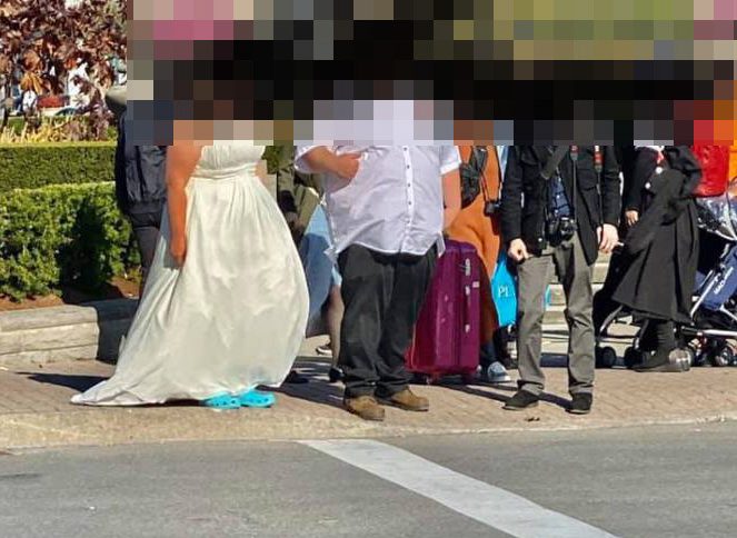 A bride has been slammed for choosing to wear bright blue Crocs on her wedding day