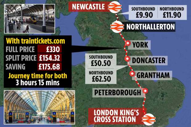 Map showing how much you can save on a journey from Newcastle to London