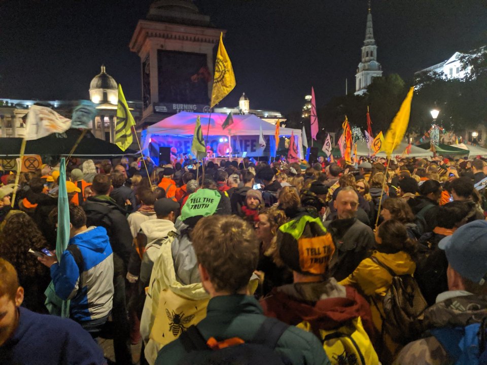  Protesters danced to Orbital in Trafalgar Square last night