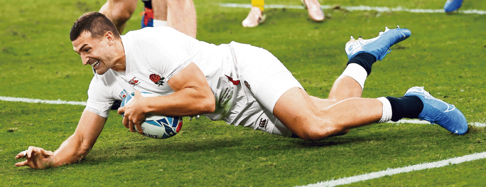  England's wing Jonny May touches down on his way to a lead role in England's 40-16 quarter-final demolition of Australia