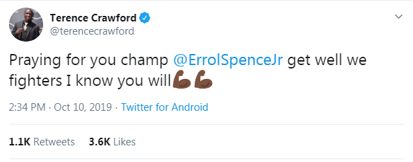 Terence Crawford was quick to suspend his rivalry with Errol Spence Jr and send the stricken boxer his best wishes