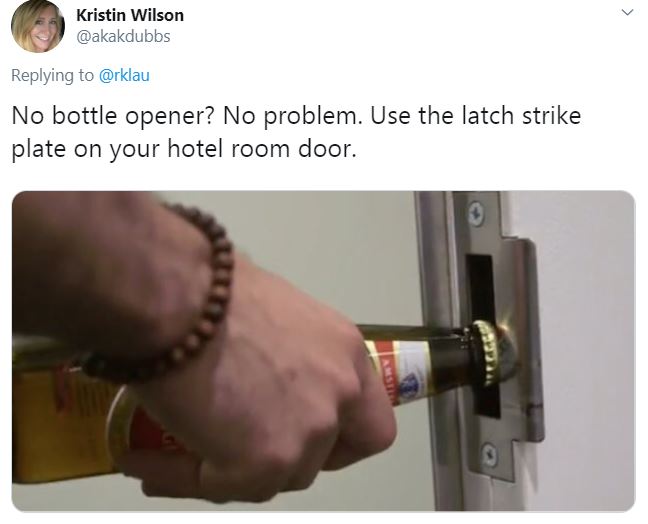  The hotel door latch strike is perfect for opening bottles