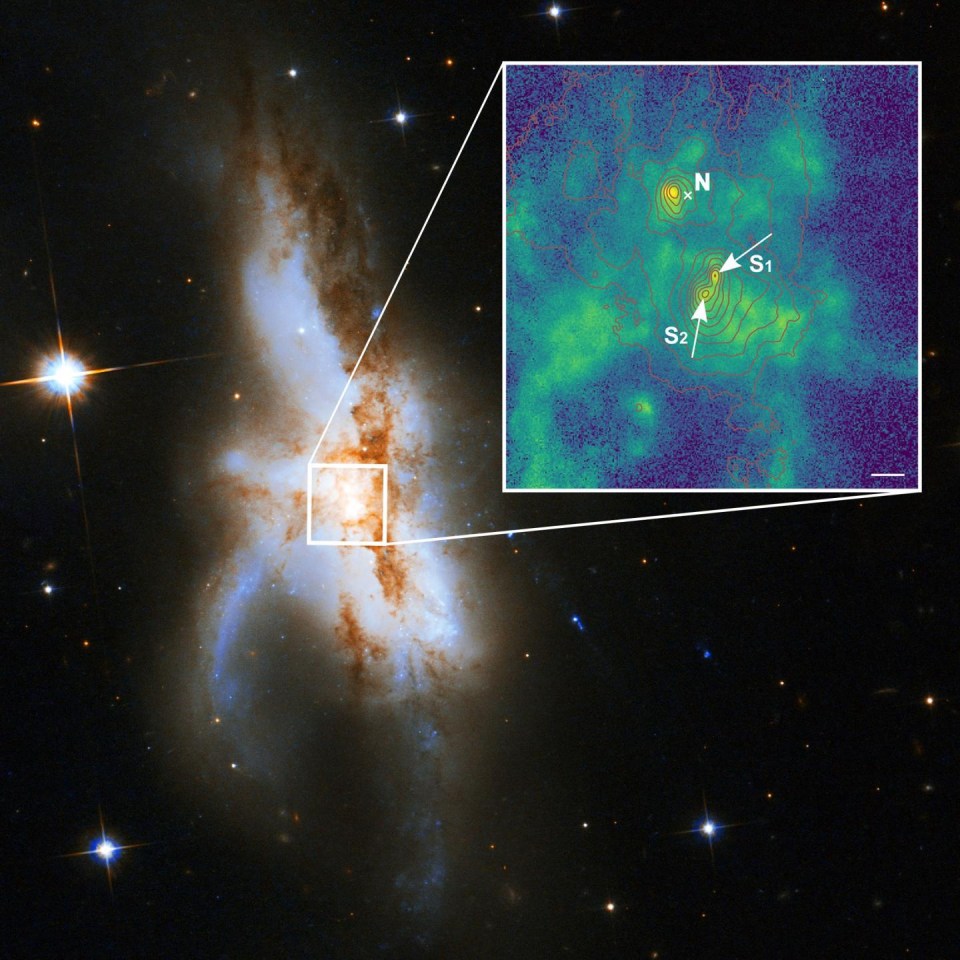 Three black holes (inset image; yellow) are merging within a galaxy called NGC 6240 (main image; artist impression)