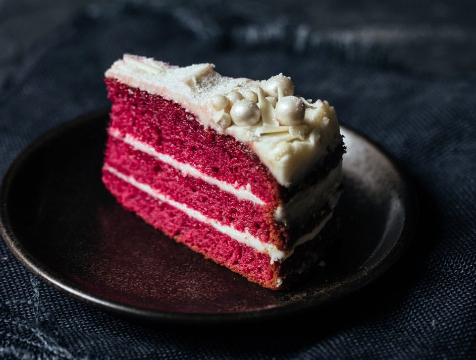  The red velvet cake is made with three layers of sponge