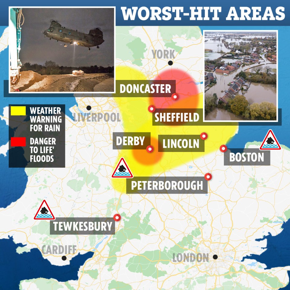  Other parts of the UK including Derby, Lincoln and Sheffield are likely likely to be flooded