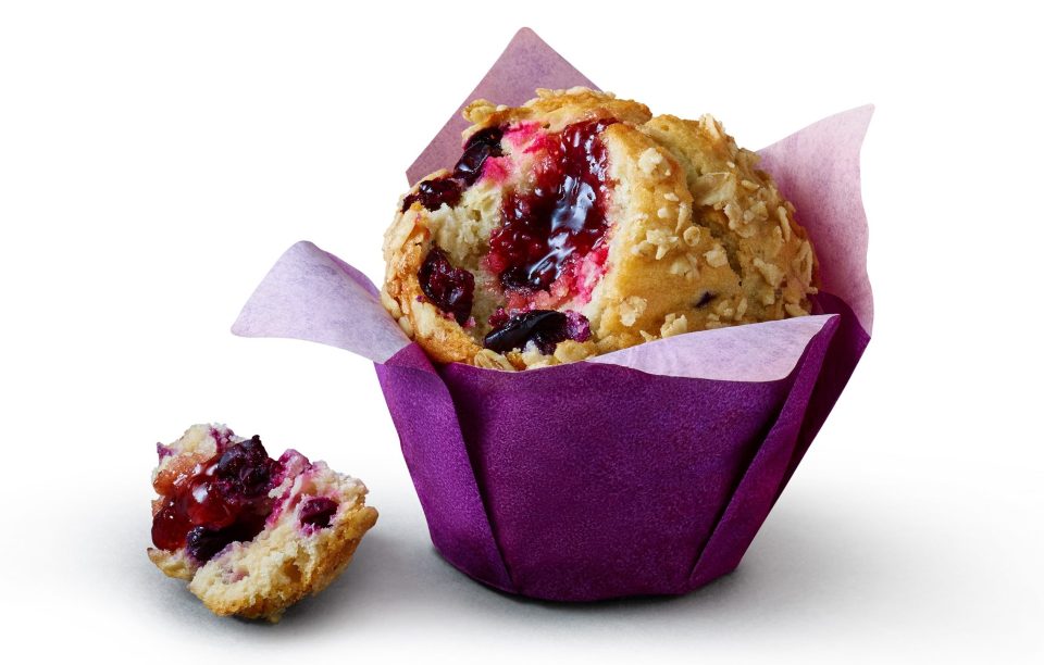  The blueberry muffin has a raspberry jam filling and oat granola topping