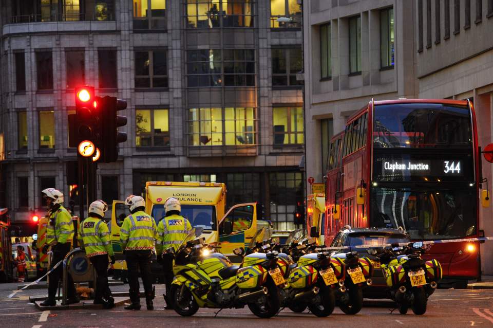  Police and emergency vechiles gather at Leadenhall near London Bridge in central London, on November 29, 2019