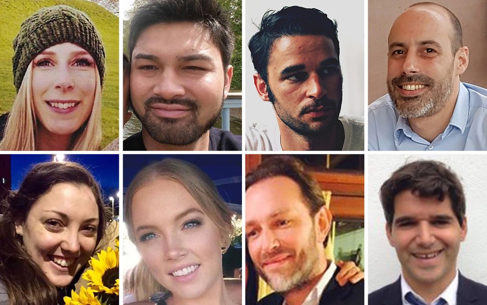  The victims of the London Bridge terrorist attack (top row left to right) Christine Archibald, James McMullan, Alexandre Pigeard, Sebastien Belanger, (bottom row left to right) Kirsty Boden, Sara Zelenak, Xavier Thomas and Ignacio Echeverria