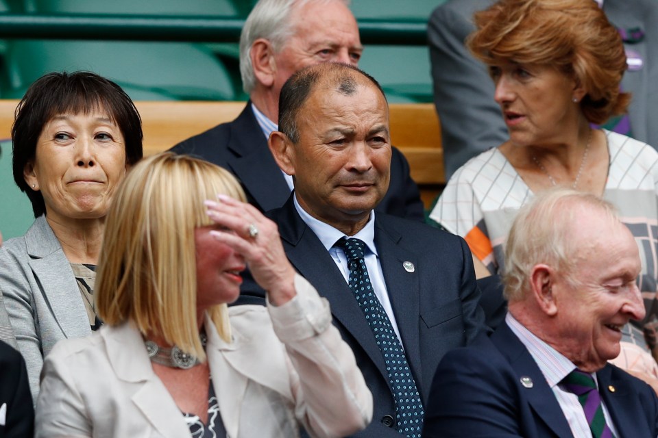 Eddie Jones at Wimbledon with wife Hiroko (left)