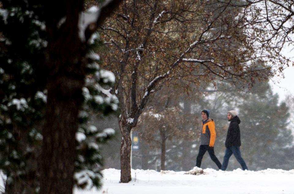  A couple enjoy a snowy walk in the park