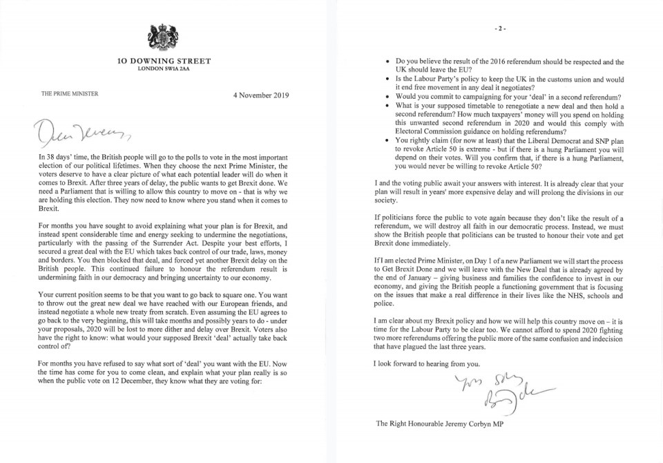  PM Boris Johnson sent the letter to Labour leader Jeremy Corbyn