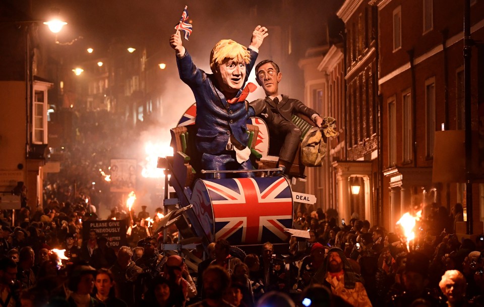  Effigies of Prime Minister Boris Johnson and Leader of the House of Commons Jacob Rees-Mogg are paraded through the town