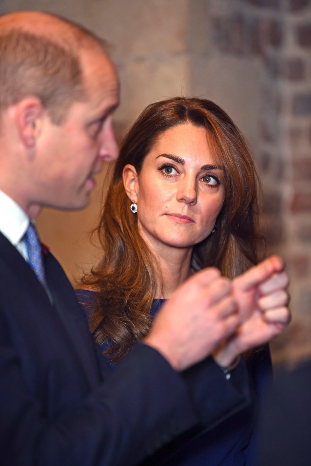 Kate looks at Prince William as they speak to survivors 