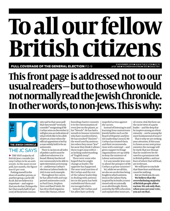  The Jewish Chronicle launched a scathing attack on 'racist' Jeremy Corbyn and urged non-Jews not to vote for him