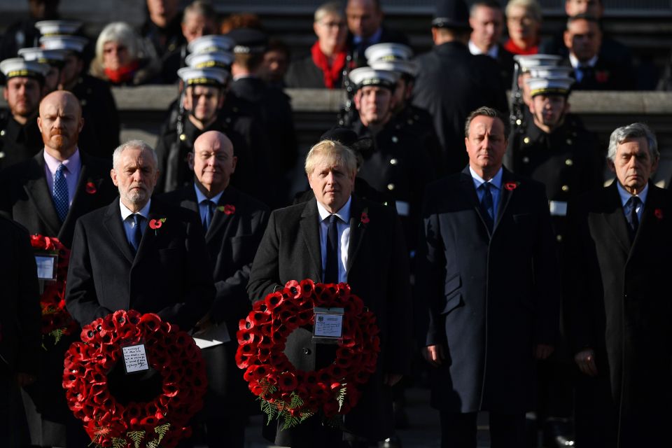  Former Prime Ministers David Cameron and Gordon Brown stand behind Johnson and Corbyn