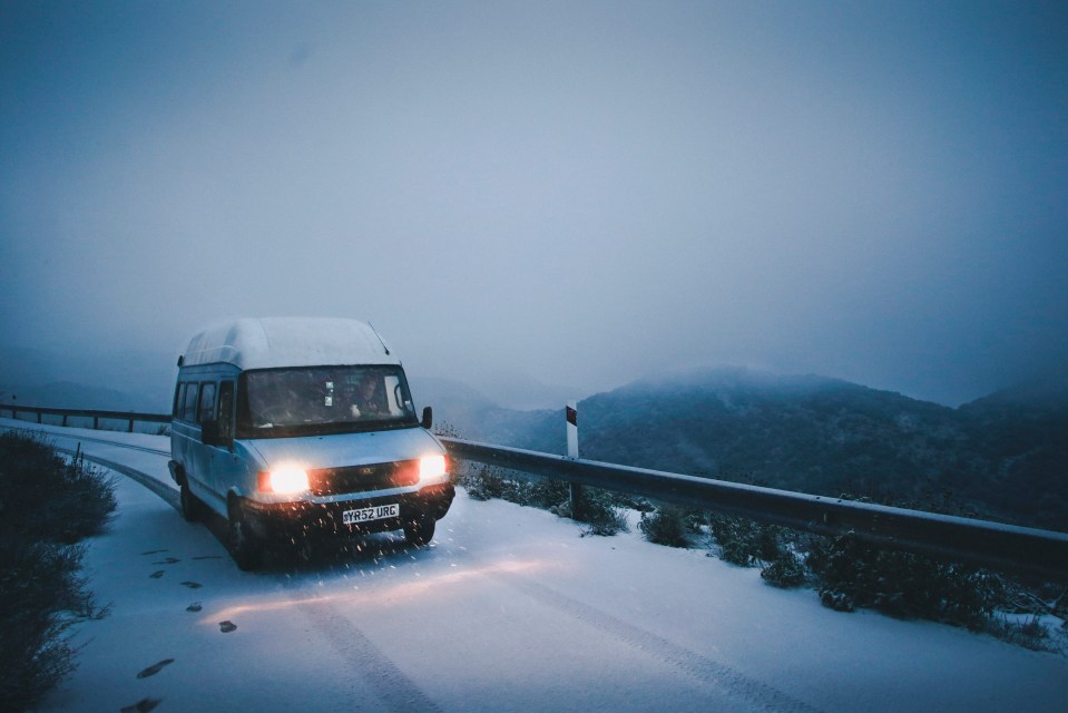  Making their way along a snow covered road in Albania