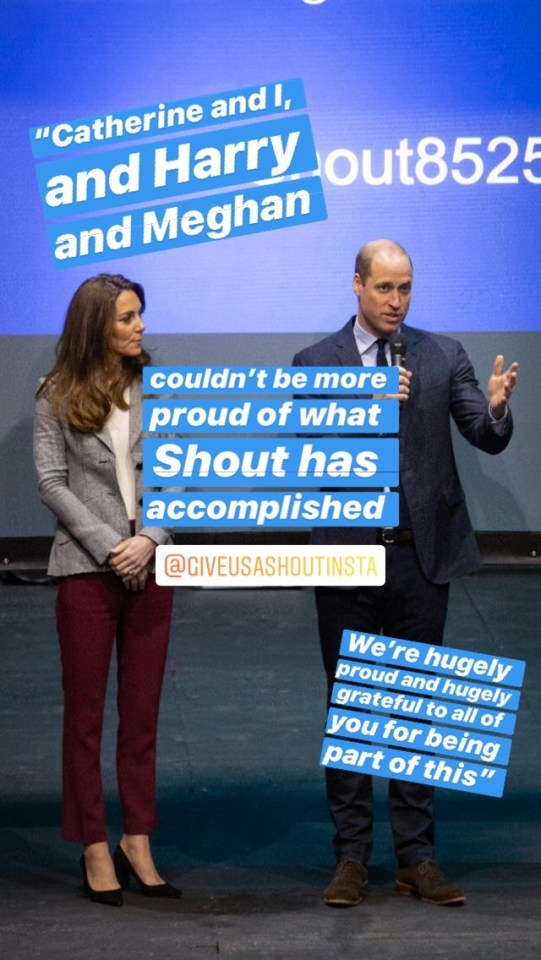 Kate Middleton and Prince William said they and Prince Harry and Meghan Markle were proud of the Shout helpline