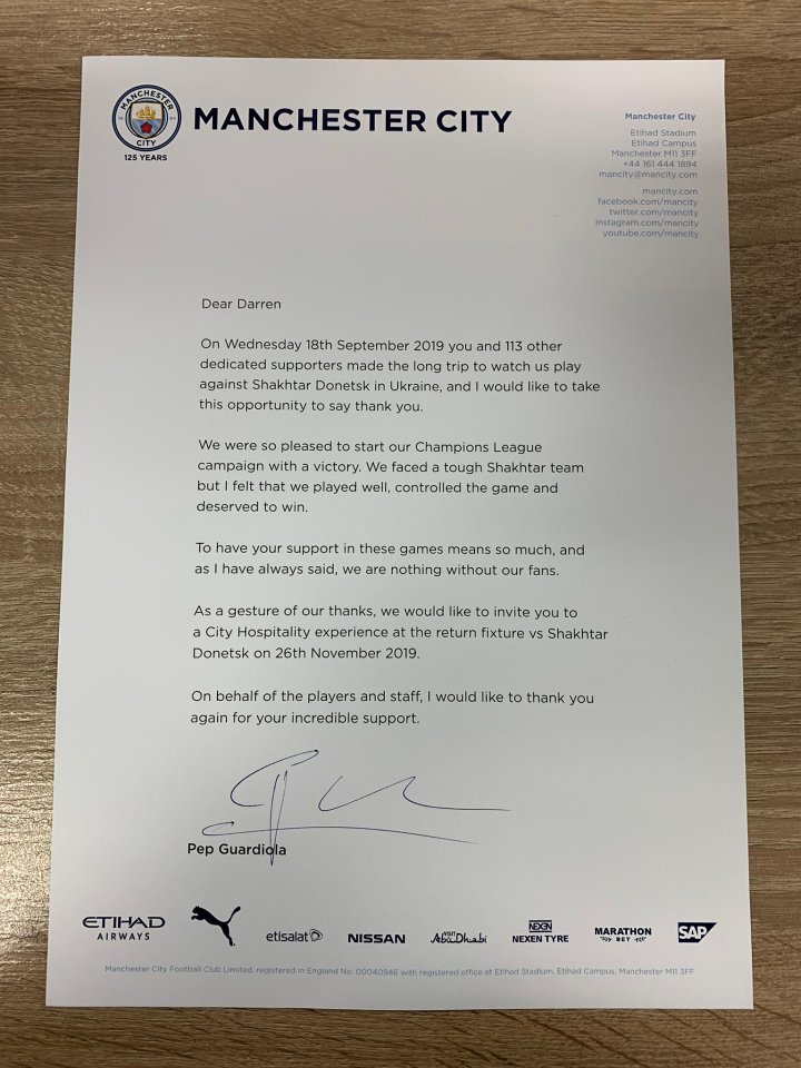  Pep Guardiola wrote to the 114 Man City fans who travelled to Ukraine to thank them for their support