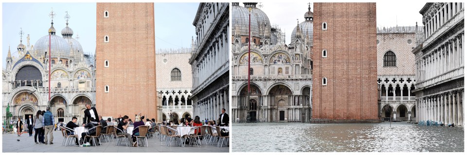  People sitting at a cafe in St Mark's Square in Venice in April, and a view of today