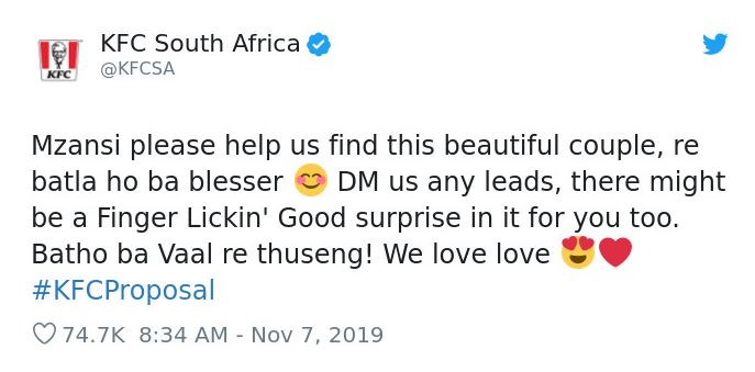 KFC was keen to get hold of the couple following Anele's offensive comment