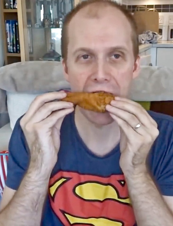  KFC addict Mike Jeavons, 34, tucks into a piece of chicken as part of his week-long experiment