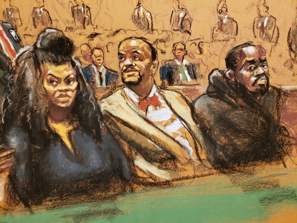 Courtroom sketch shows Tova Noel sitting beside lawyer Montell Figgins and Michael Thomas